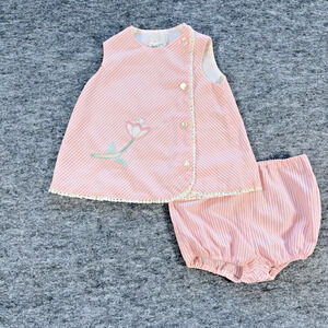 Vintage Baby Girl Seersucker 2-pc Pink Stripe Tulip Bloomers Set 12-18 mo approx
